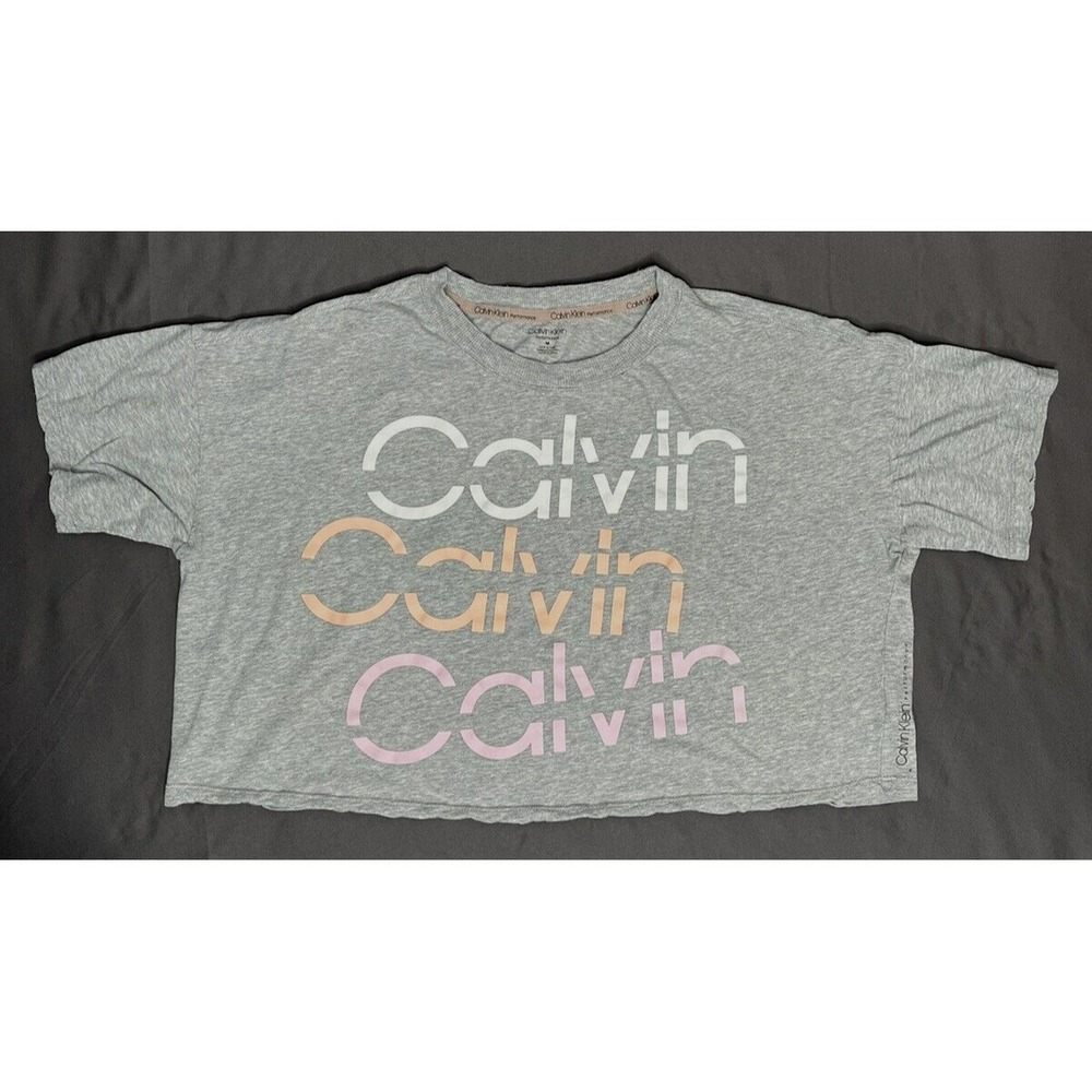 Calvin Klein Performance Sliced Logo Cropped Gray‎ Short Sleeve T-Shirt Womens M - Picture 3 of 10